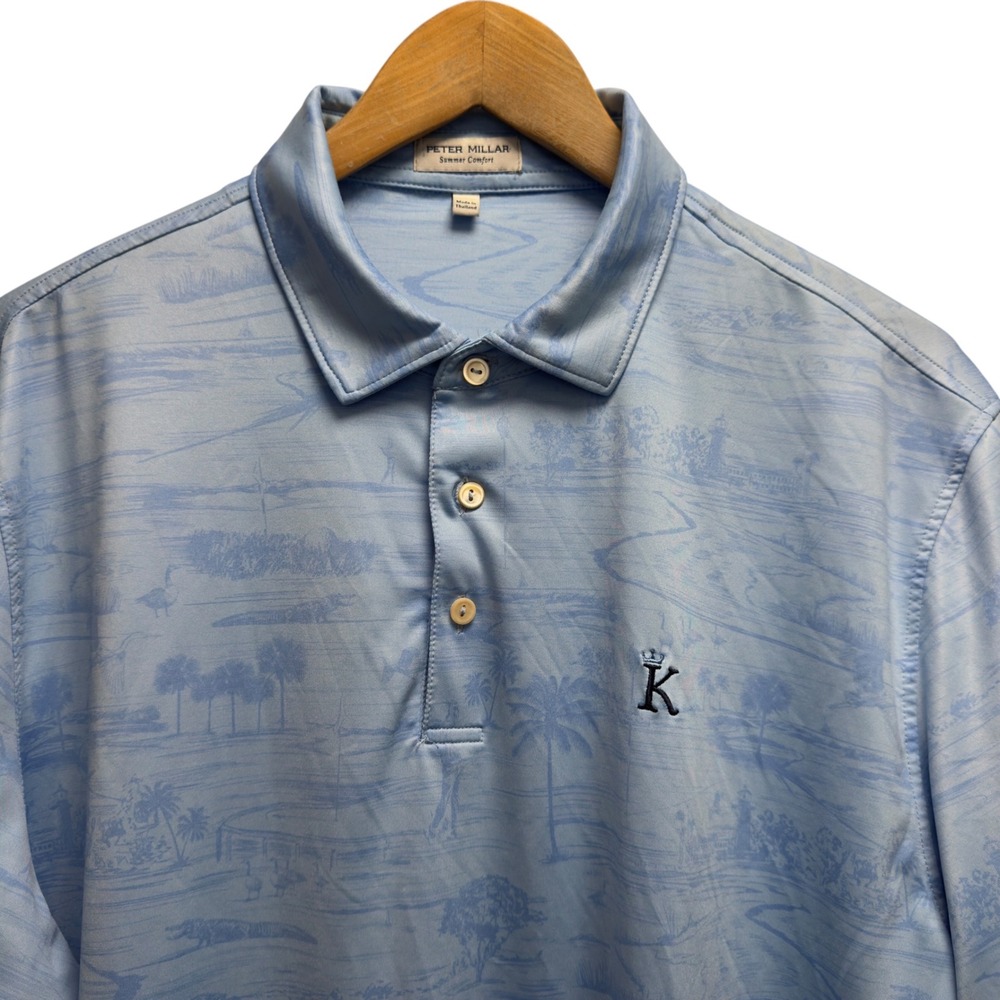 Peter Millar Summer Comfort Mens Large Blue Toile Palms Kensington Golf Polo euc